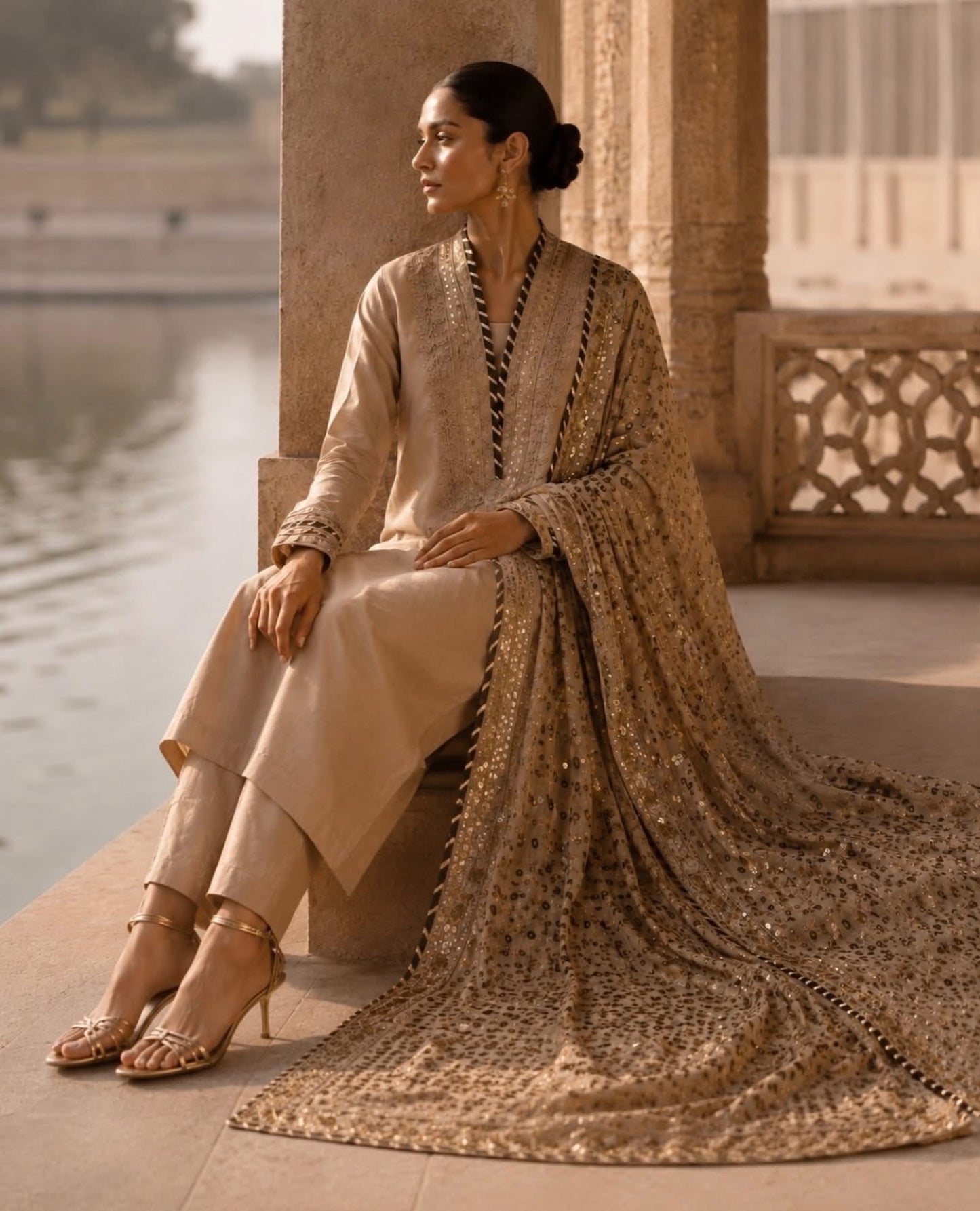 A woman seated on a stone ledge beside water, wearing a beige traditional outfit with a heavily embellished gold dupatta and matching shoes.
