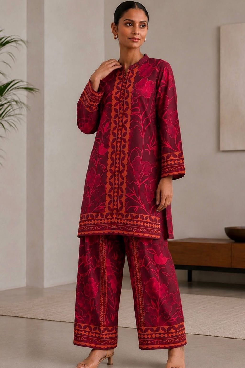 A woman modeling a deep red and orange printed kurta and trouser set in a modern indoor setting.