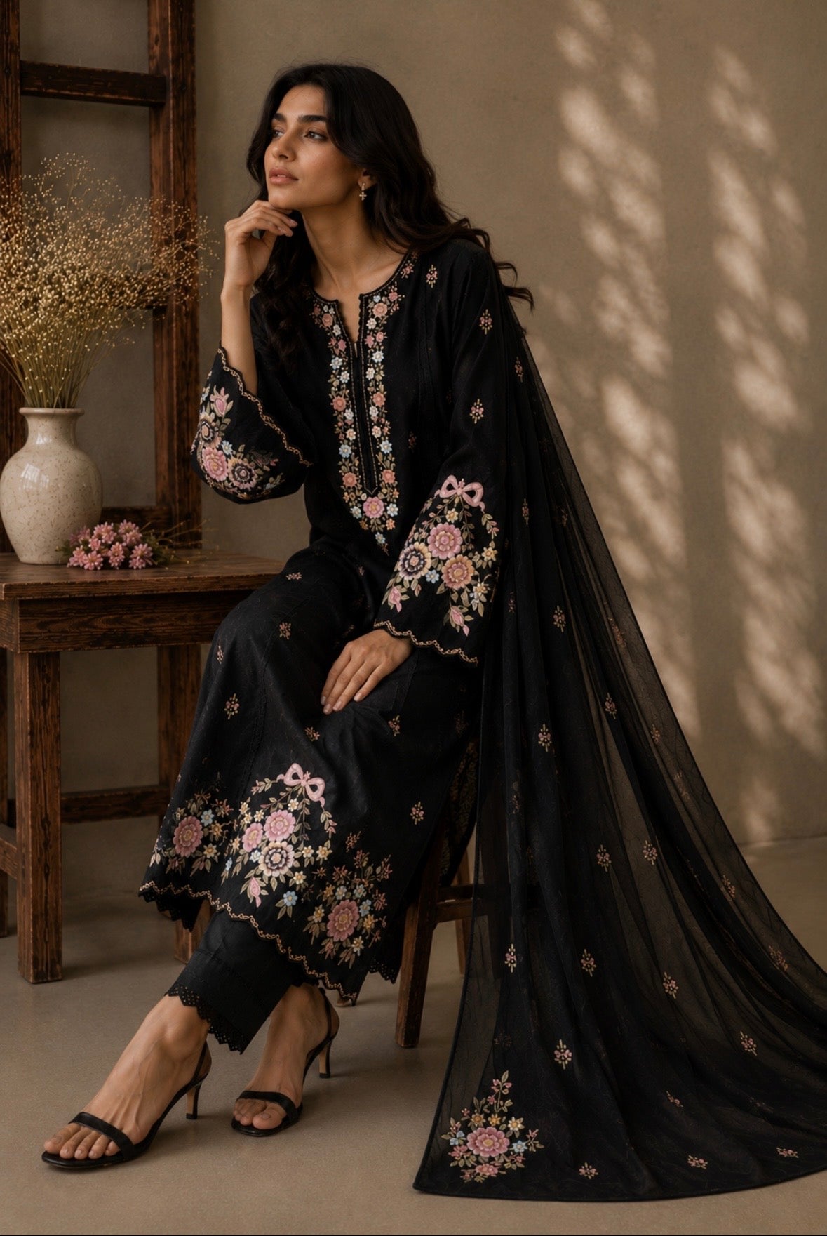 Woman in a black embroidered outfit sitting in a room with a wooden table and decorative items.