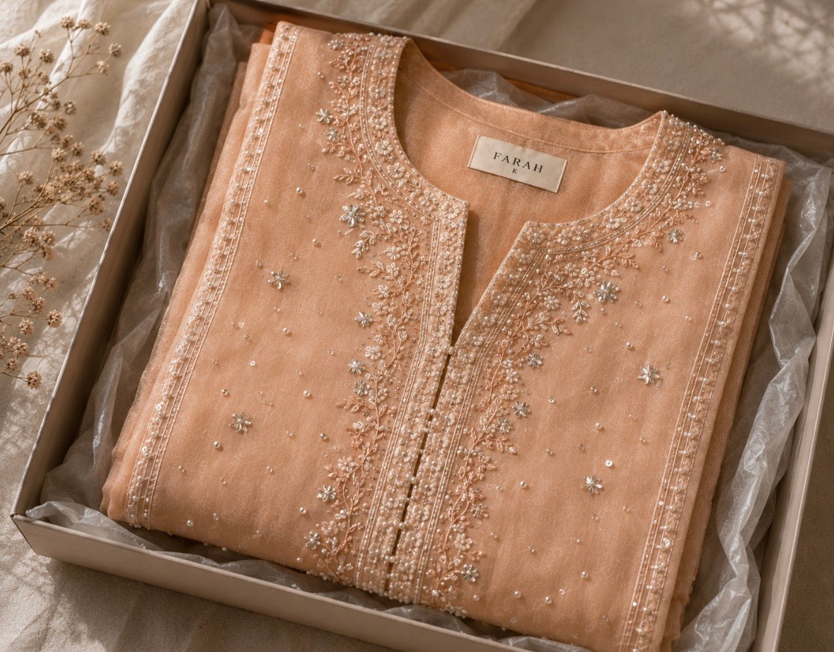 Beige embroidered blouse in a box with 'FARAH' label