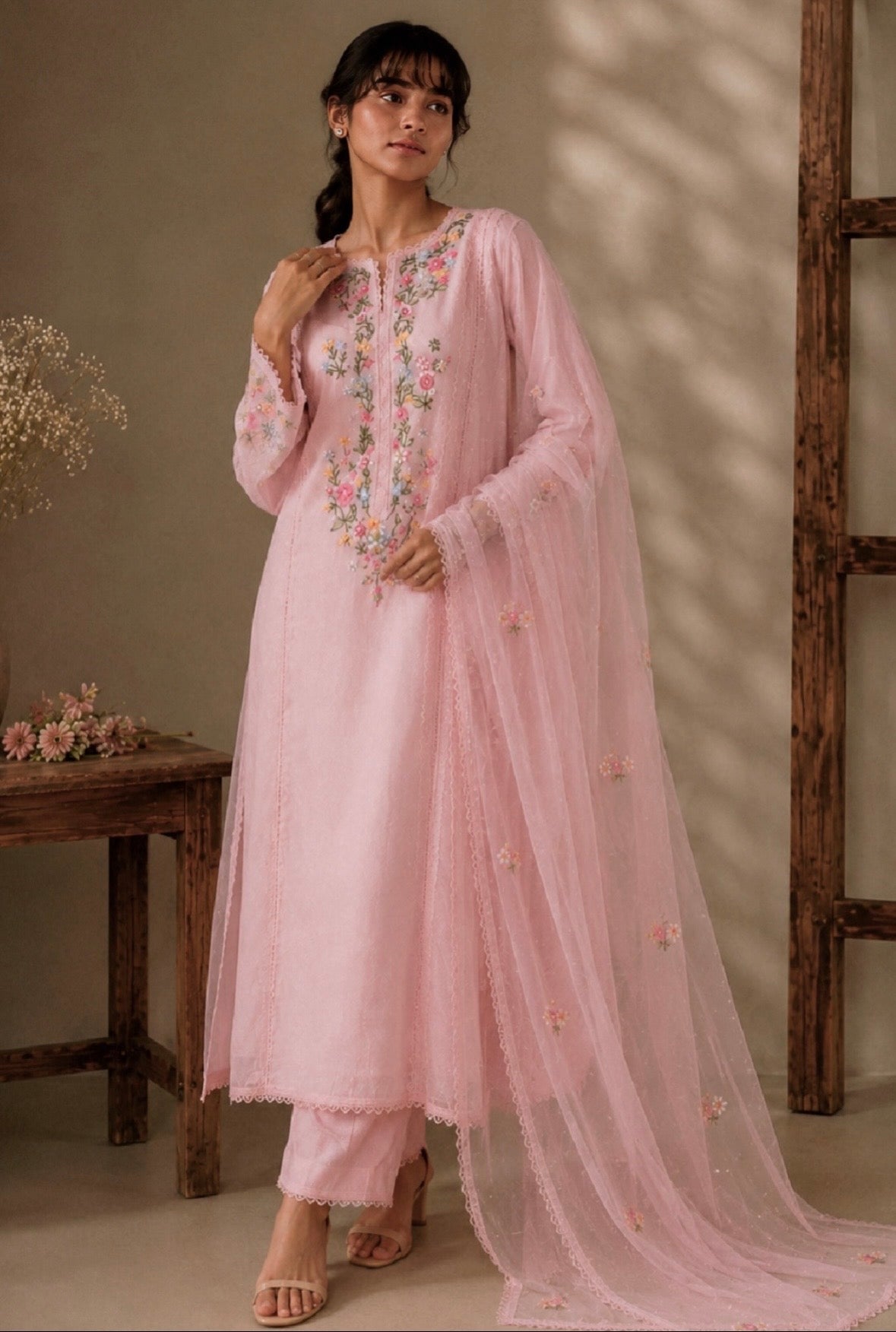 Woman wearing a pink embroidered traditional outfit with a sheer dupatta in a warm-toned room.
