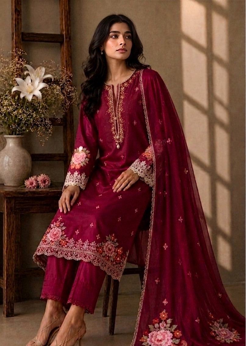 Woman in a maroon embroidered outfit with a matching dupatta in a warm-toned room.