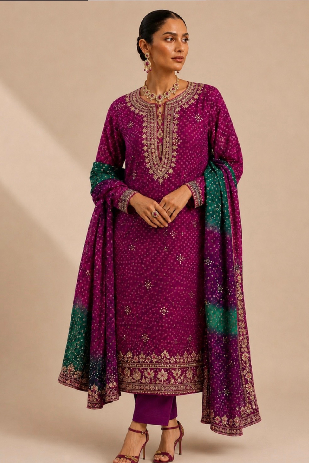 Jamuni luxury purple Pakistani embroidered suit with handcrafted neckline and embroidered Chunri dupatta from the Chunri Love Collection by Farah.K.