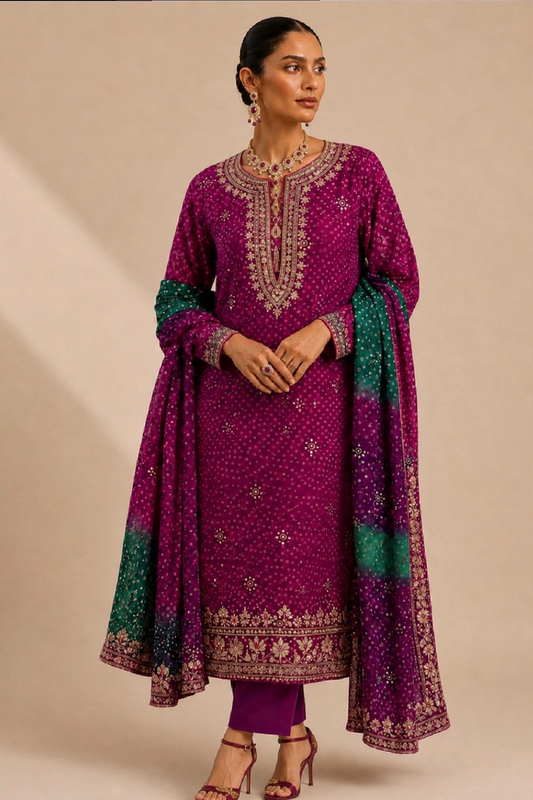 Jamuni luxury purple Pakistani embroidered suit with handcrafted neckline and embroidered Chunri dupatta from the Chunri Love Collection by Farah.K.