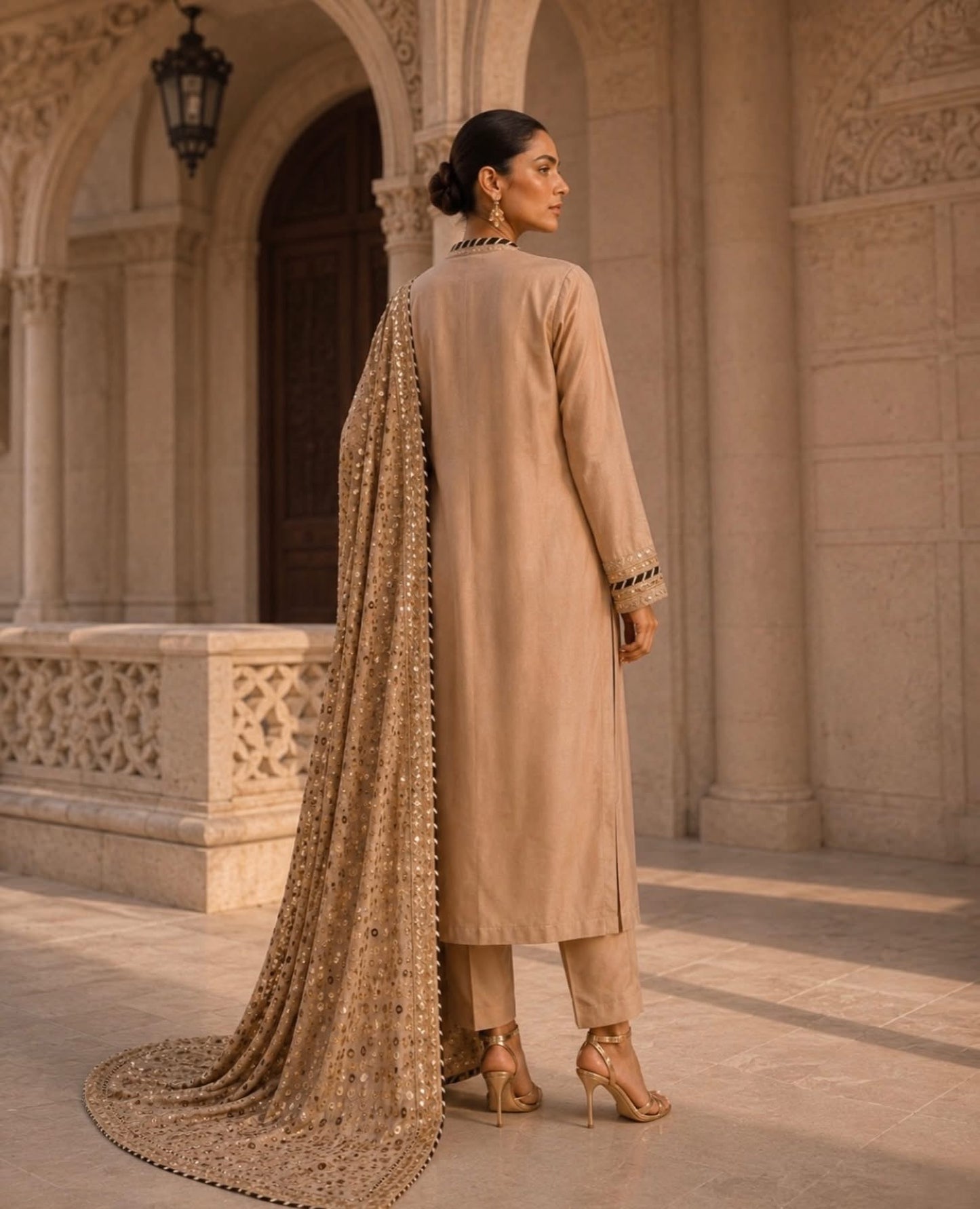 A woman stands in profile wearing a beige traditional outfit with a long embroidered dupatta, set against an ornate stone architectural background.