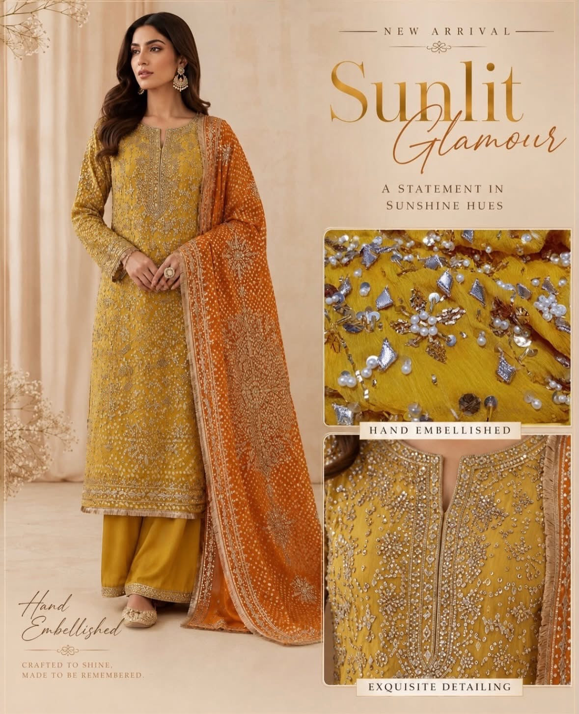 A woman models a traditional embroidered kurta set in a warm beige studio setting. The outfit is mustard yellow with extensive silver and gold embroidery, paired with a matching yellow kurta and a bright orange dupatta with gold embroidery.