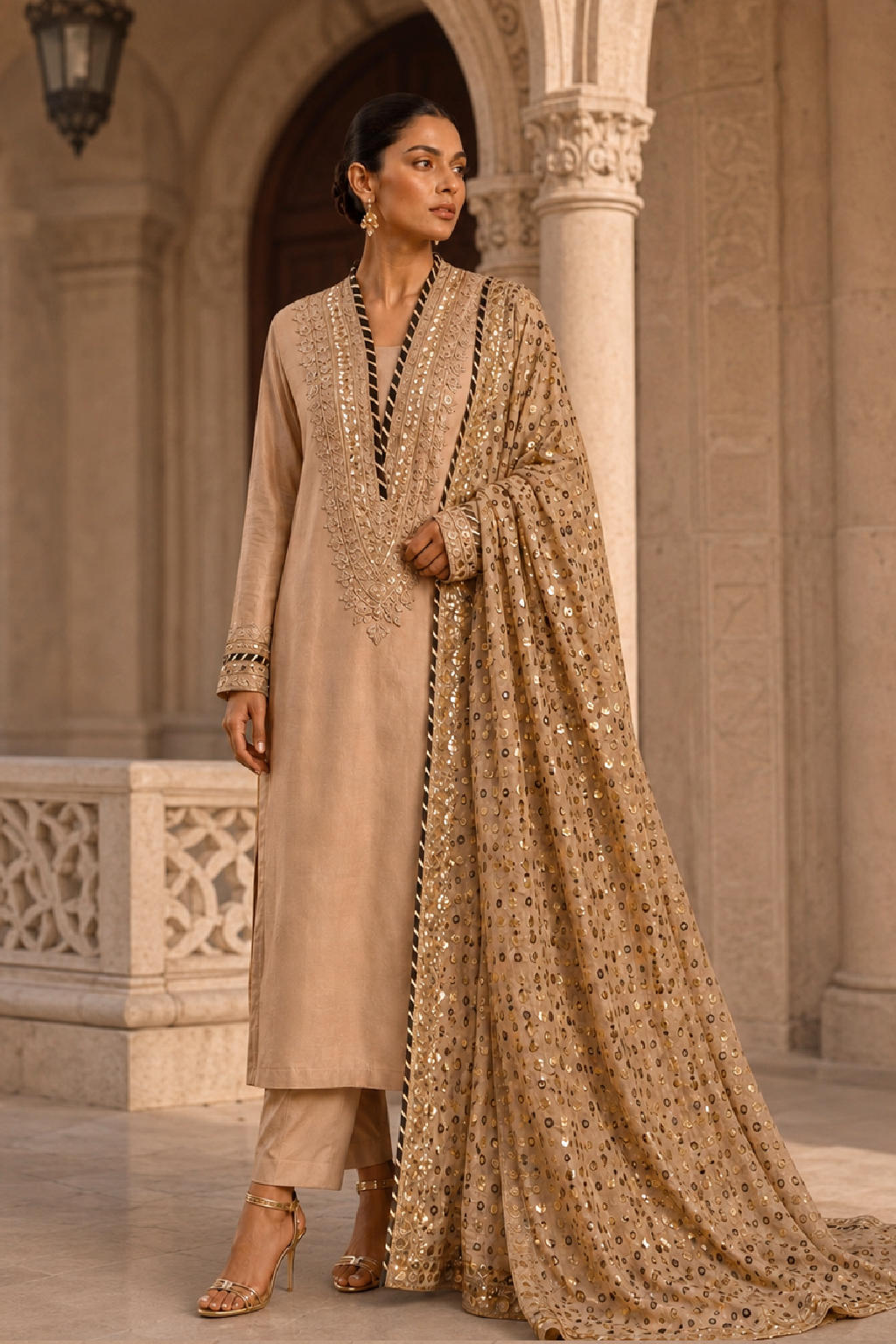 A woman models a traditional beige salwar kameez suit with a heavily embellished gold sequined dupatta in an elegant stone corridor.