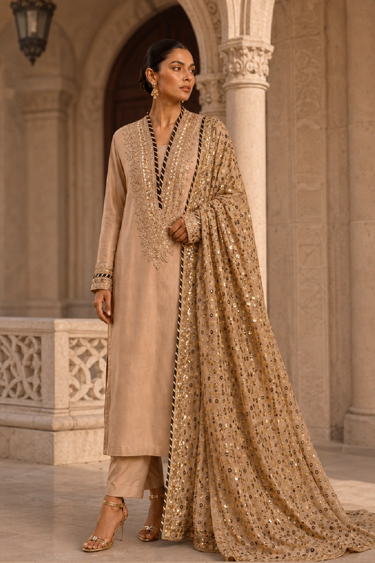 A woman models a traditional beige salwar kameez suit with a heavily embellished gold sequined dupatta in an elegant stone corridor.