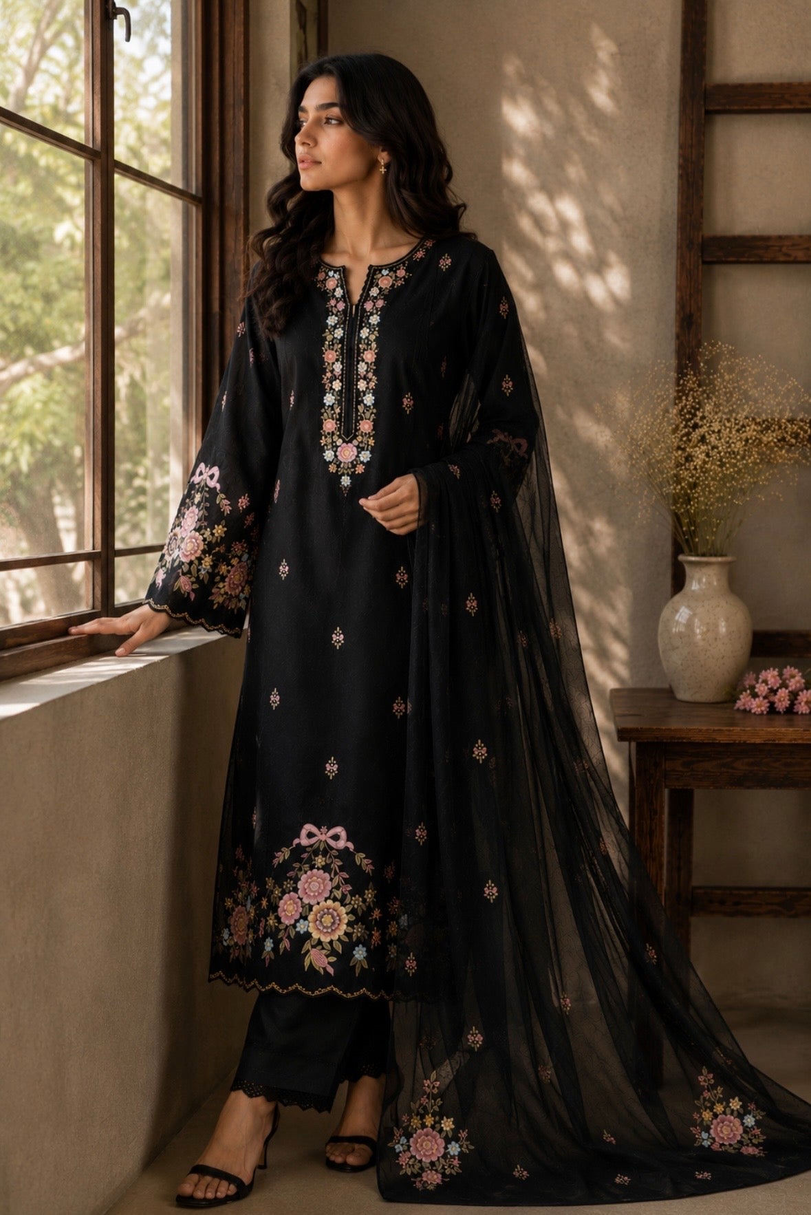 Woman in a black embroidered outfit standing by a window with a vase on a table.