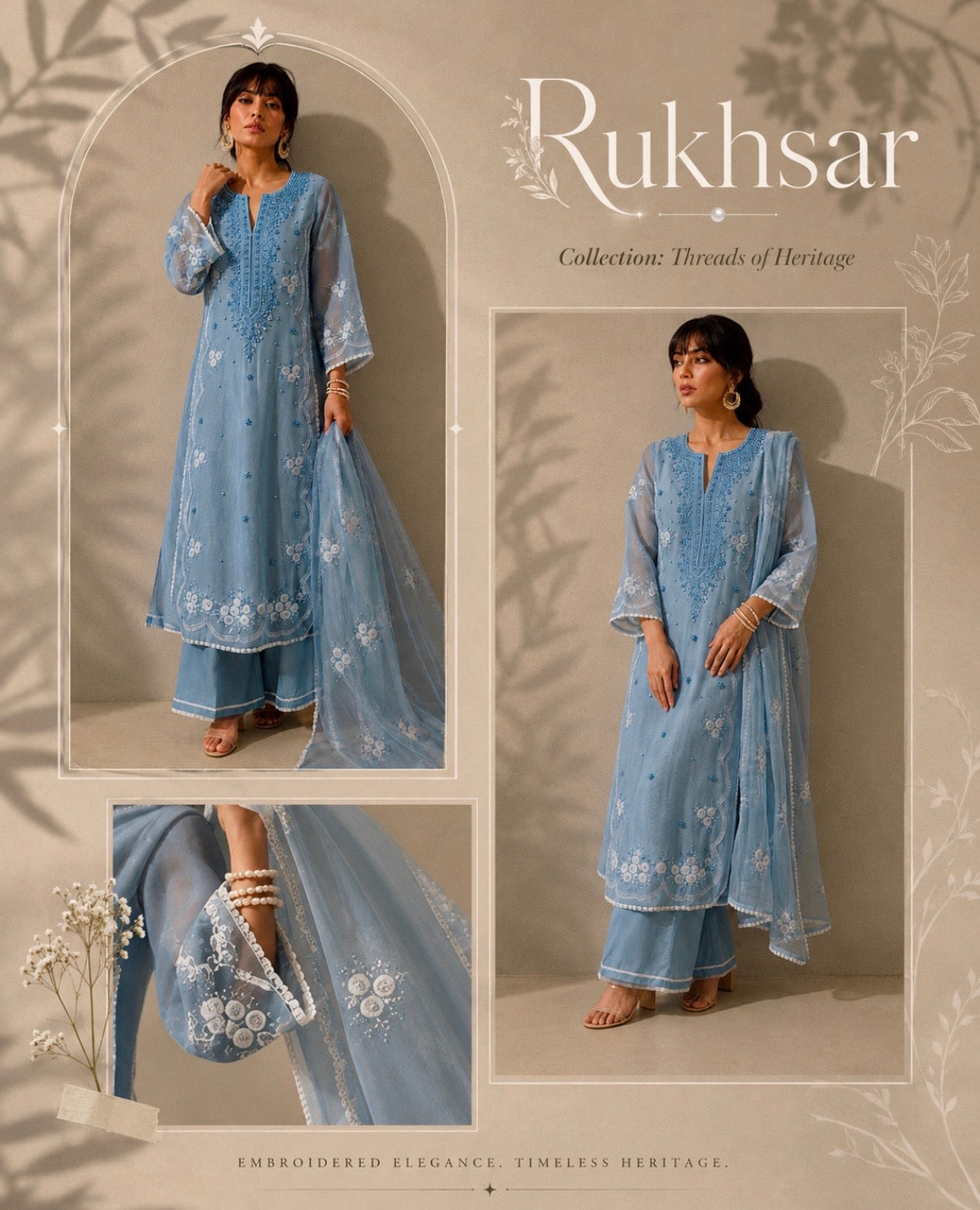 Woman wearing a light blue embroidered outfit with 'Rukhsar' branding on a neutral background.
