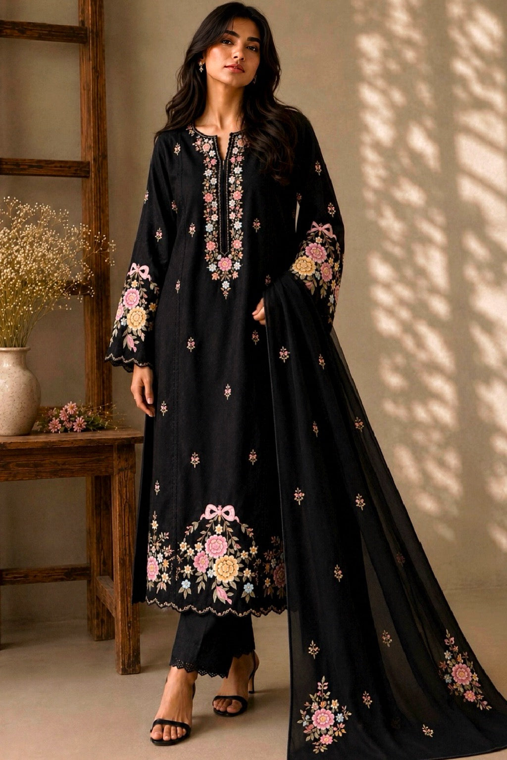 Woman wearing a black embroidered outfit standing in a room with wooden furniture and plants.