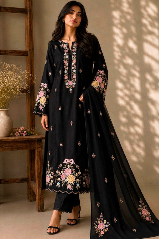 Woman wearing a black embroidered outfit standing in a room with wooden furniture and plants.