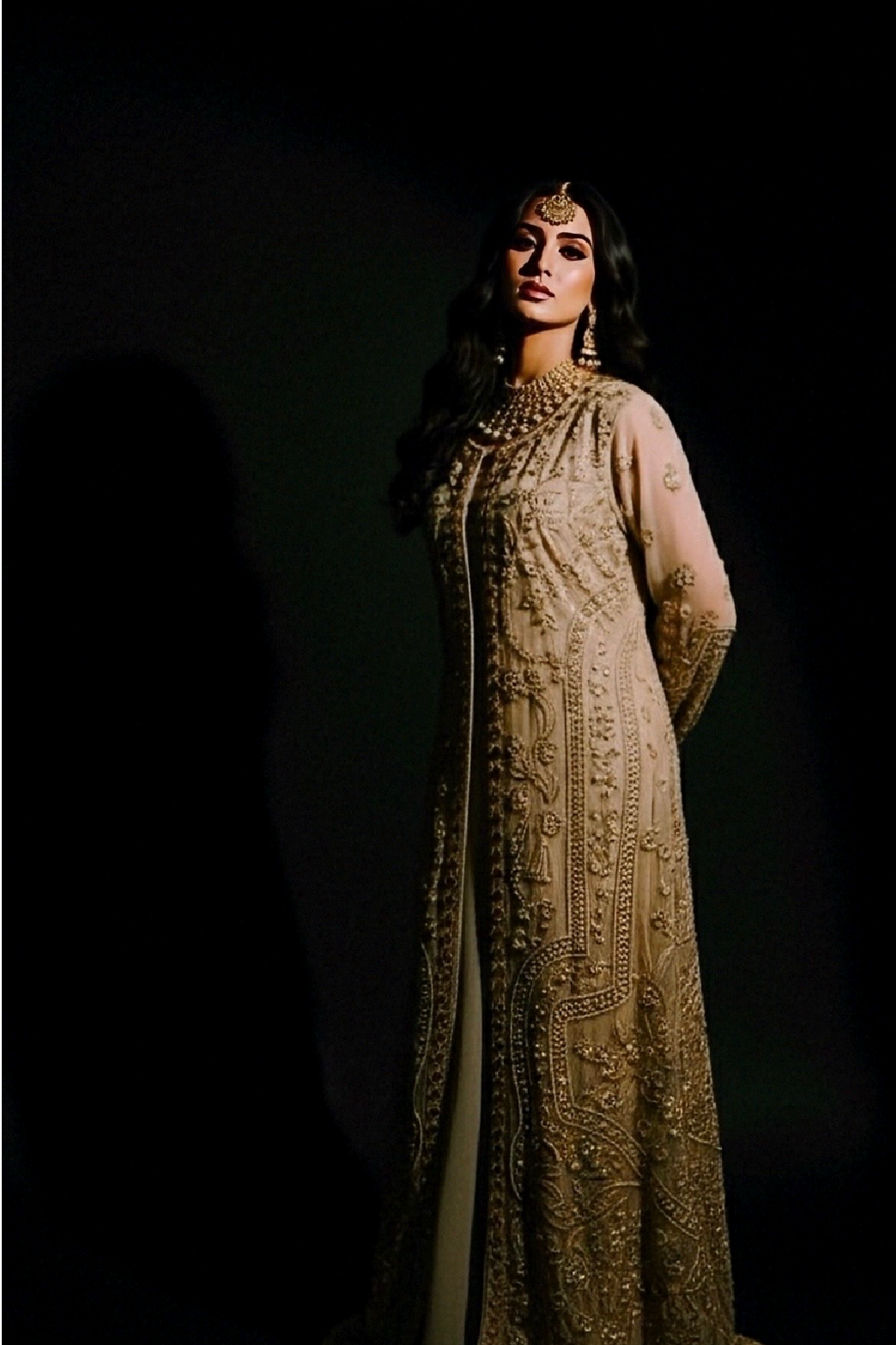 Woman wearing a long, intricately designed dress against a dark background