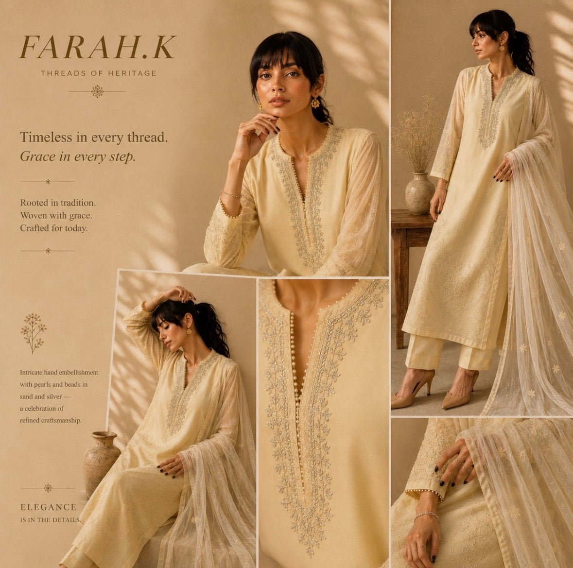 Woman wearing a cream-colored traditional outfit with intricate embroidery, surrounded by text and product details.