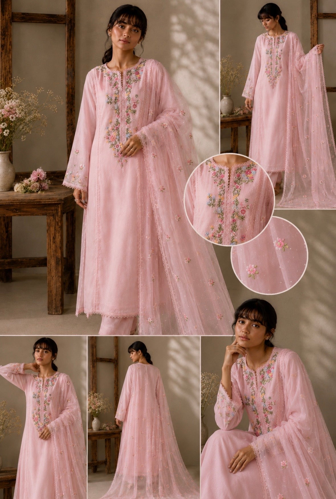 Collage of a woman wearing a pink embroidered traditional outfit with close-up details.