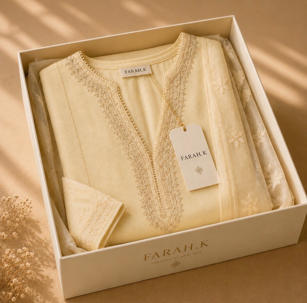 Folded cream-colored garment with 'FARAH.K' branding in a box on a beige background