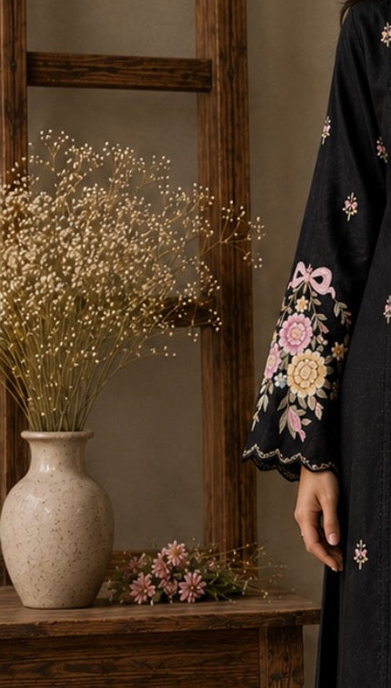Person wearing a black outfit with floral embroidery standing next to a vase with dried flowers on a wooden surface.