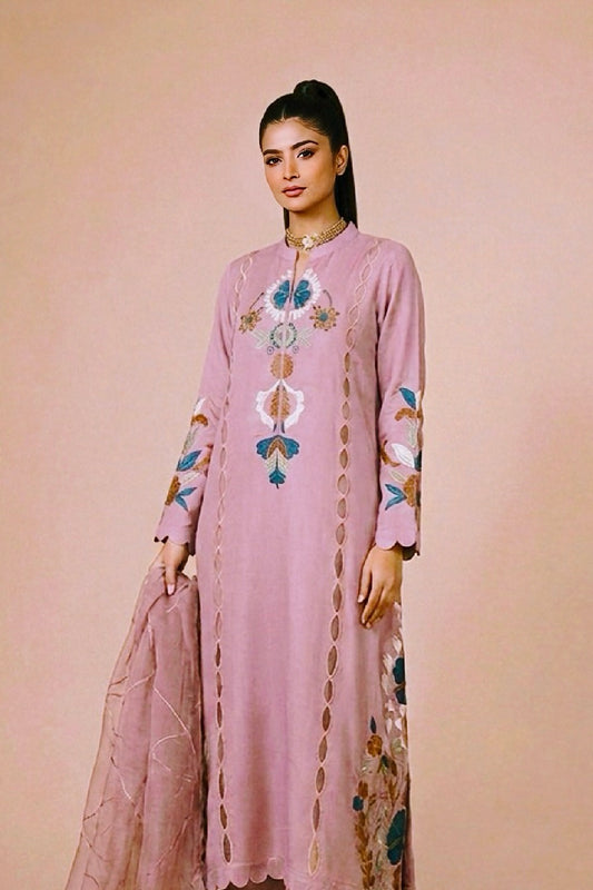 Woman wearing Lavandar embroidered applied work dress luxury Pret by farah 