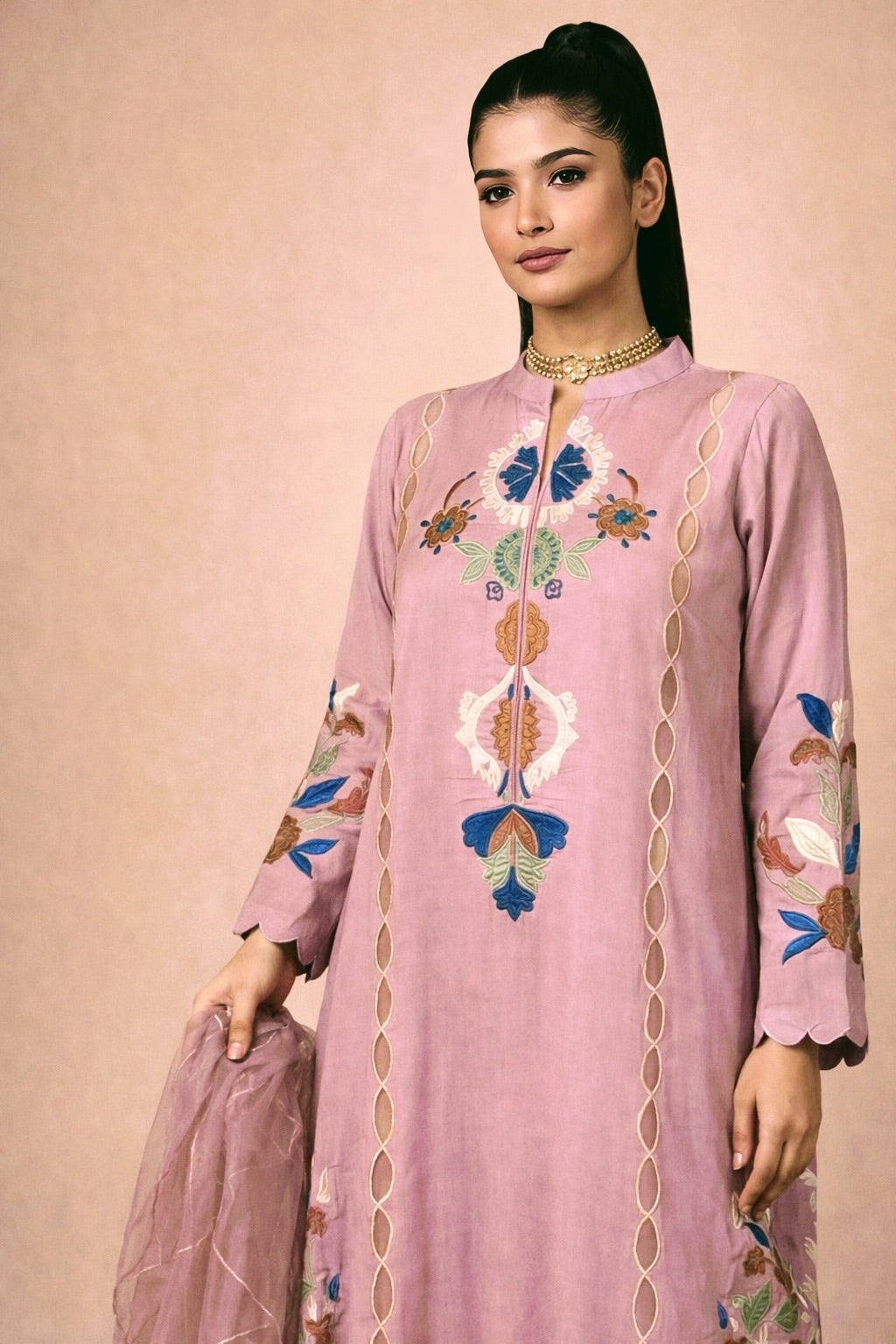 Woman wearing ready to wear Lavandar Desi long dress 